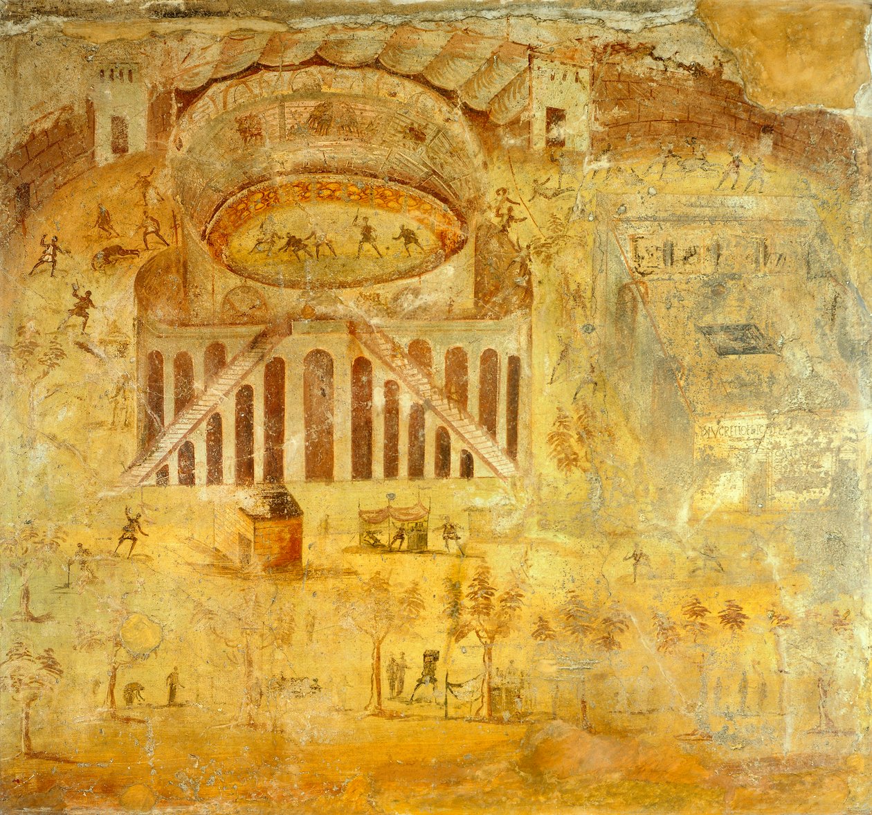 Fresko, joka kuvaa pompeilaisten ja Nocerinin välistä riitaa amfiteatterissa, Pompejista, Campaniasta, roomalaisesta sivilisaatiosta od Roman Roman