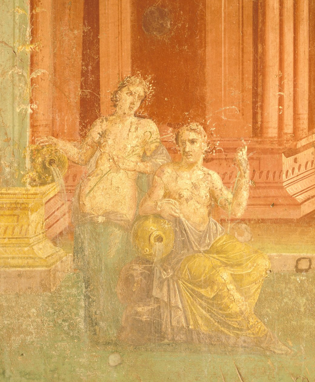 Freska ve čtvrtém pompejském stylu na červeném pozadí, dům Pinario Ceriale, Pompeje, Kampánie, římská civilizace od Roman Roman