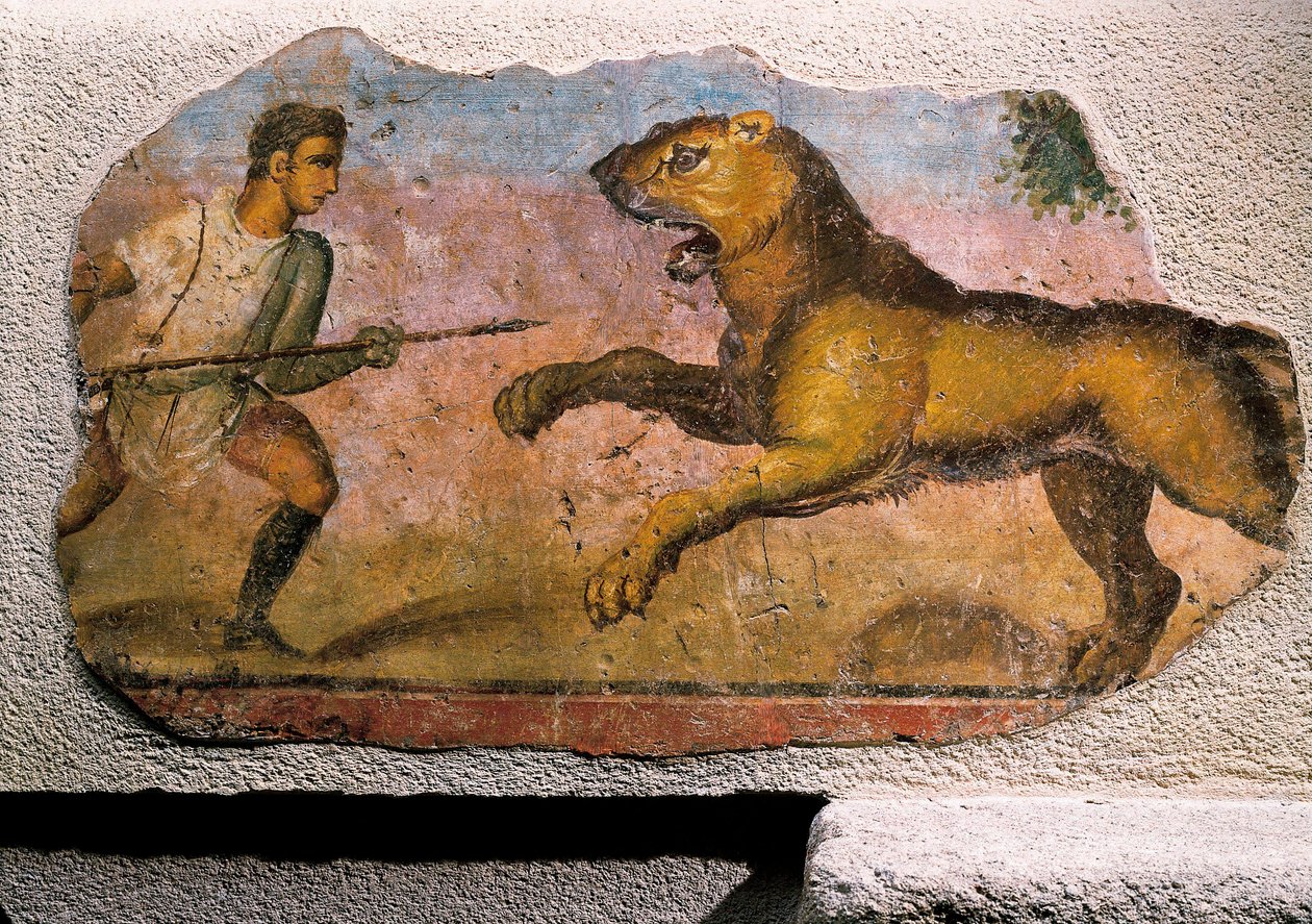 Gladiátor bojující se lvem (freska) od Roman Roman