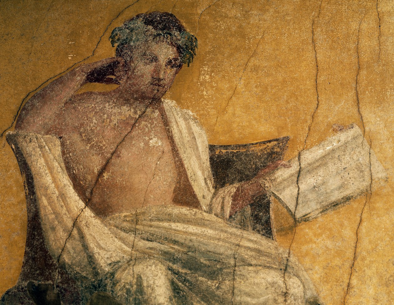 Řecký dramatik Menander, detail z fresky, peristyl domu Menandrů, Pompeje, Kampánie, Itálie, římská civilizace od Roman Roman
