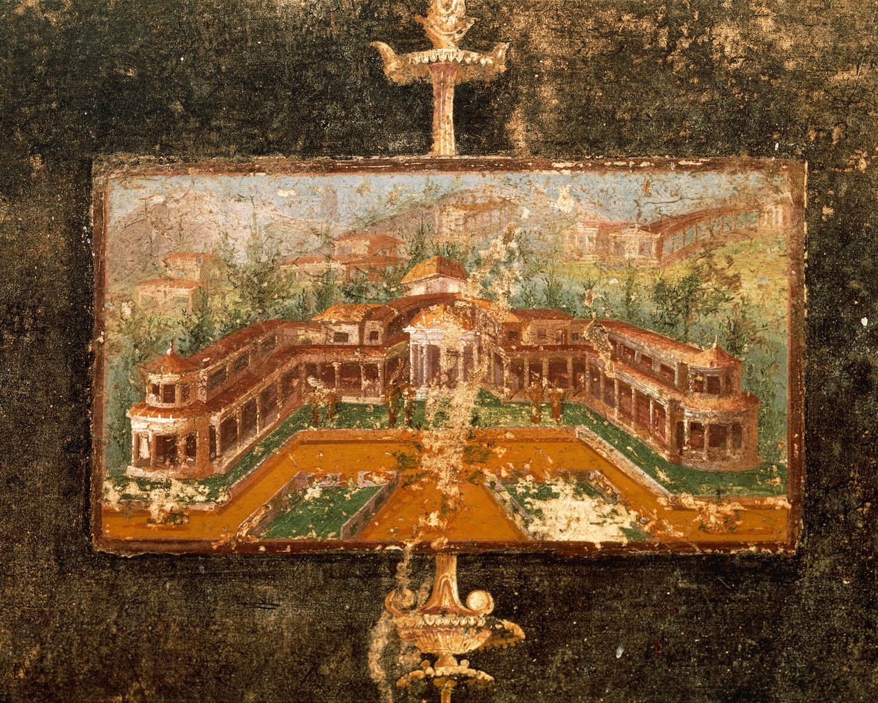 Maisema ja arkkitehtuuri seinämaalauksessa tablinumissa, 3. Pompeian tyyli, Marco Lucrezio Fronton talo, Pompejista, Campaniasta, Italiasta od Roman Roman