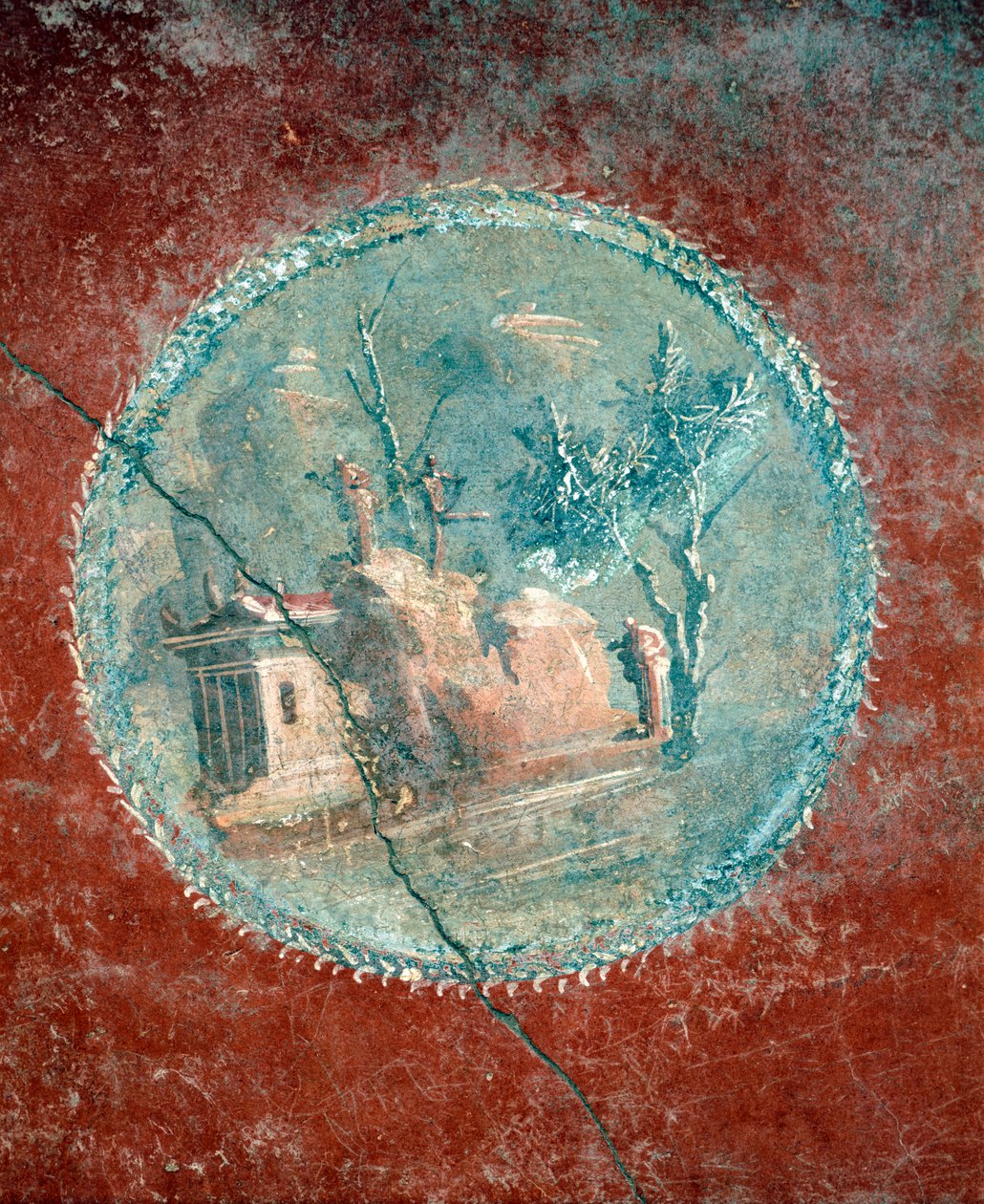 Medailon zobrazující krajinu na žlutém pozadí, freska z domu Menander, Pompeje, Kampánie, římská civilizace od Roman Roman