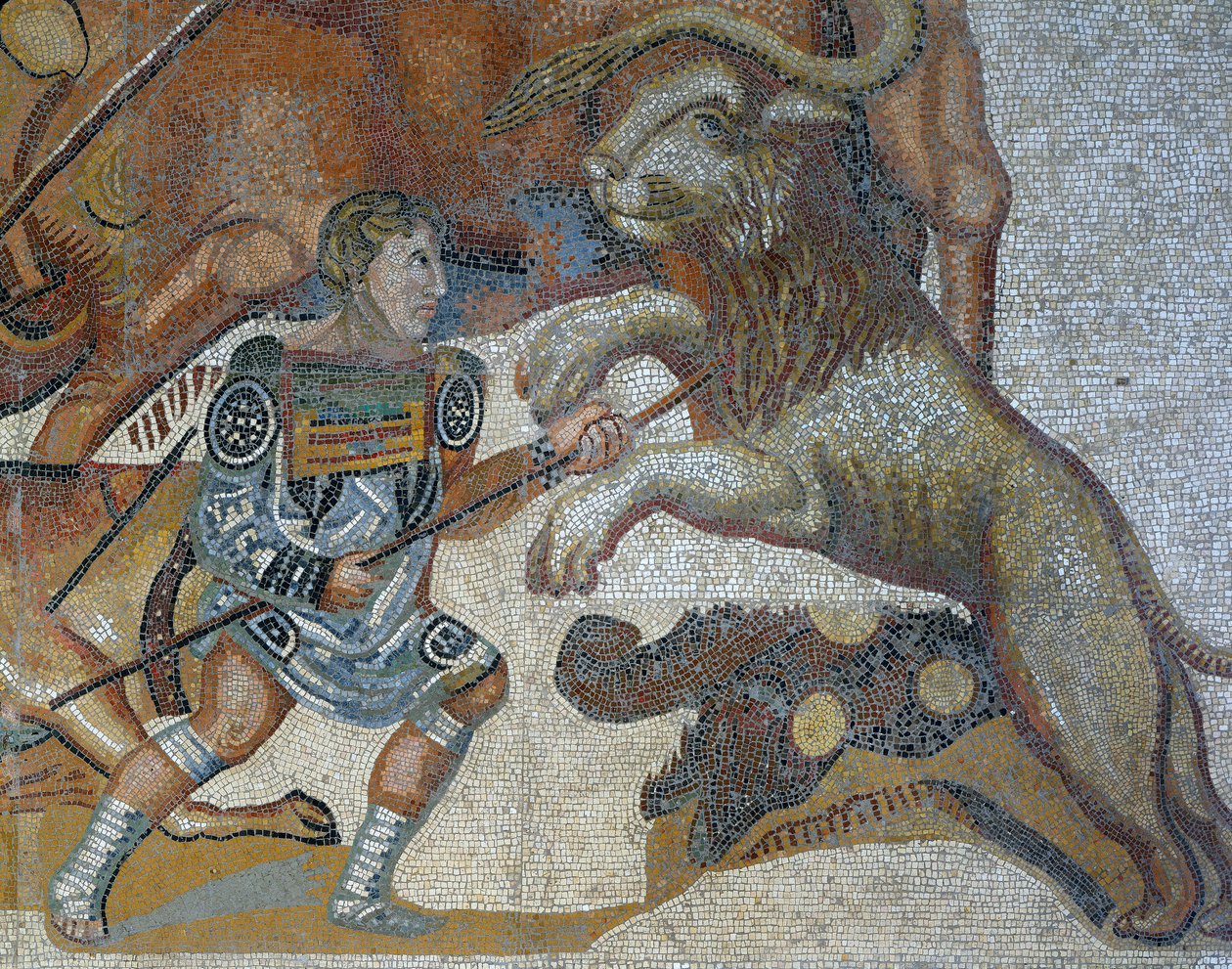 Mozaika zobrazující scénu lovu divoké zvěře, detail gladiátora zabíjejícího divoké zvíře od Roman Roman