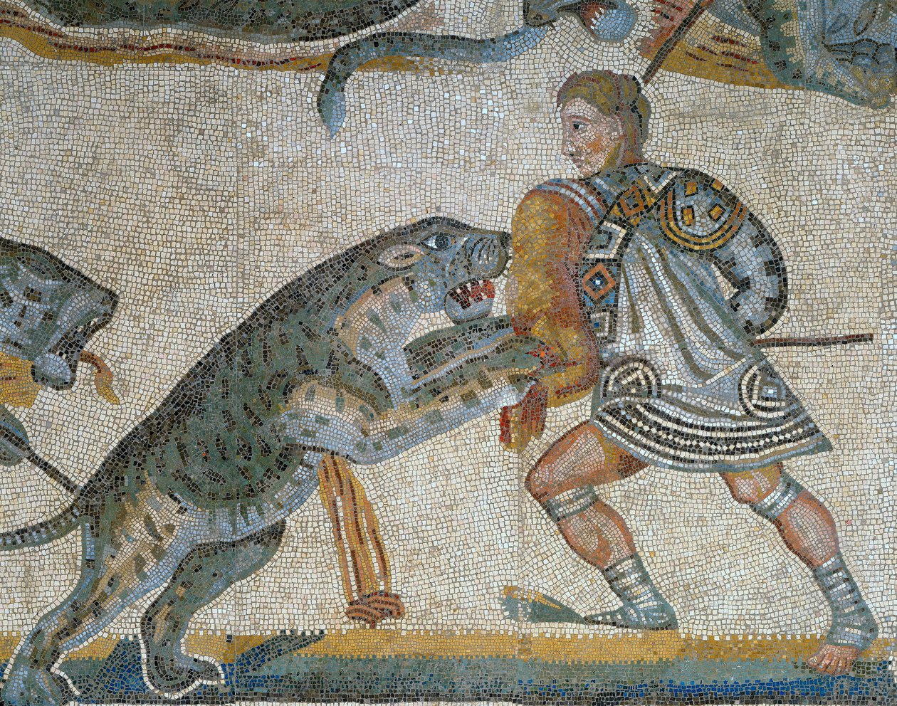 Mozaika zobrazující scénu lovu divoké zvěře, detail gladiátora zabíjejícího divoké zvíře od Roman Roman