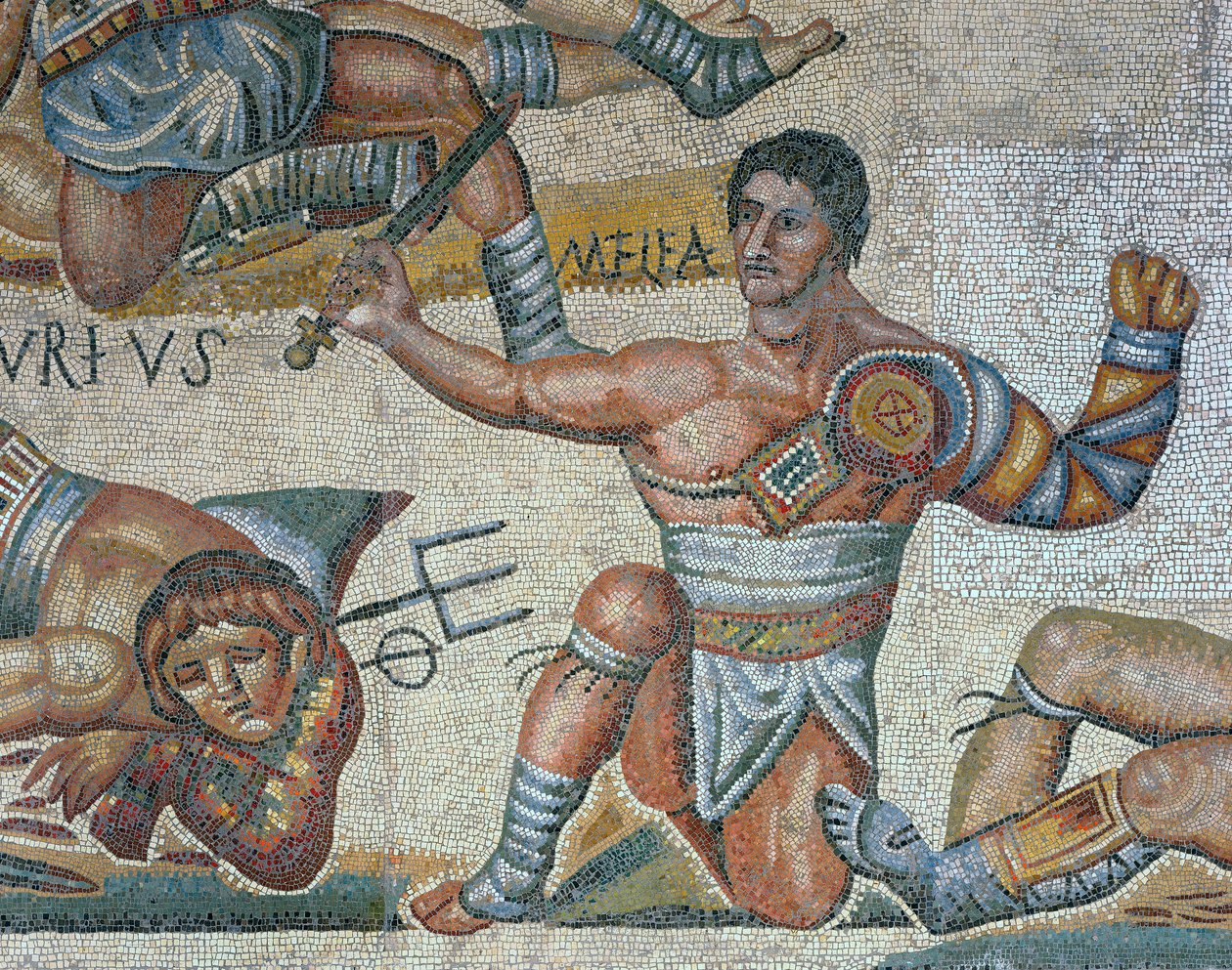 Mozaika zobrazující scénu bojujících gladiátorů, detail vítězného gladiátora od Roman Roman
