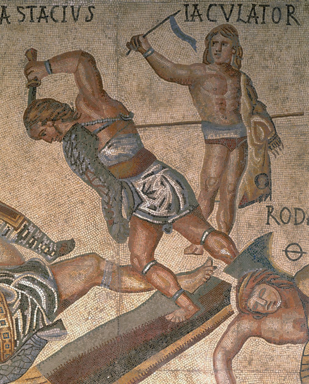 Mozaika s výjevem bojujících gladiátorů, detail gladiátora oděného do brnění od Roman Roman