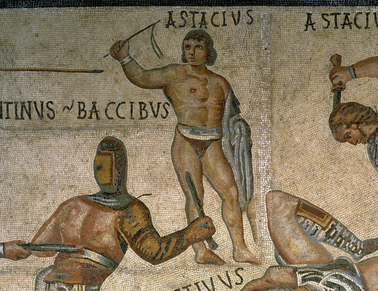 Mozaika s výjevem bojujících gladiátorů, detail gladiátora oděného do brnění od Roman Roman
