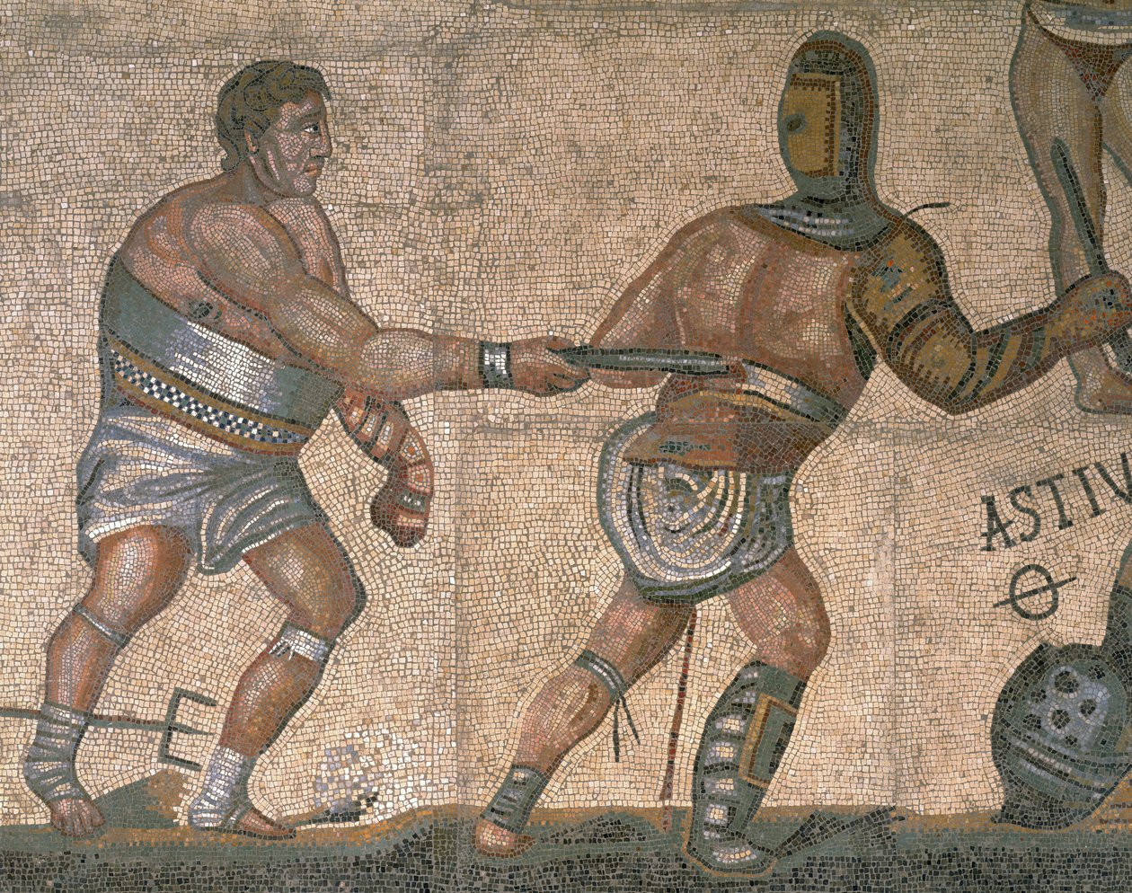 Mozaika s výjevem bojujících gladiátorů, detail gladiátora oděného do brnění od Roman Roman