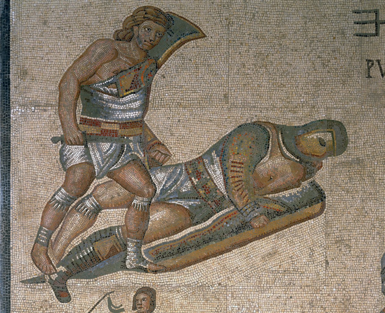 Mozaika s výjevem bojujících gladiátorů, detail gladiátora oděného do brnění od Roman Roman