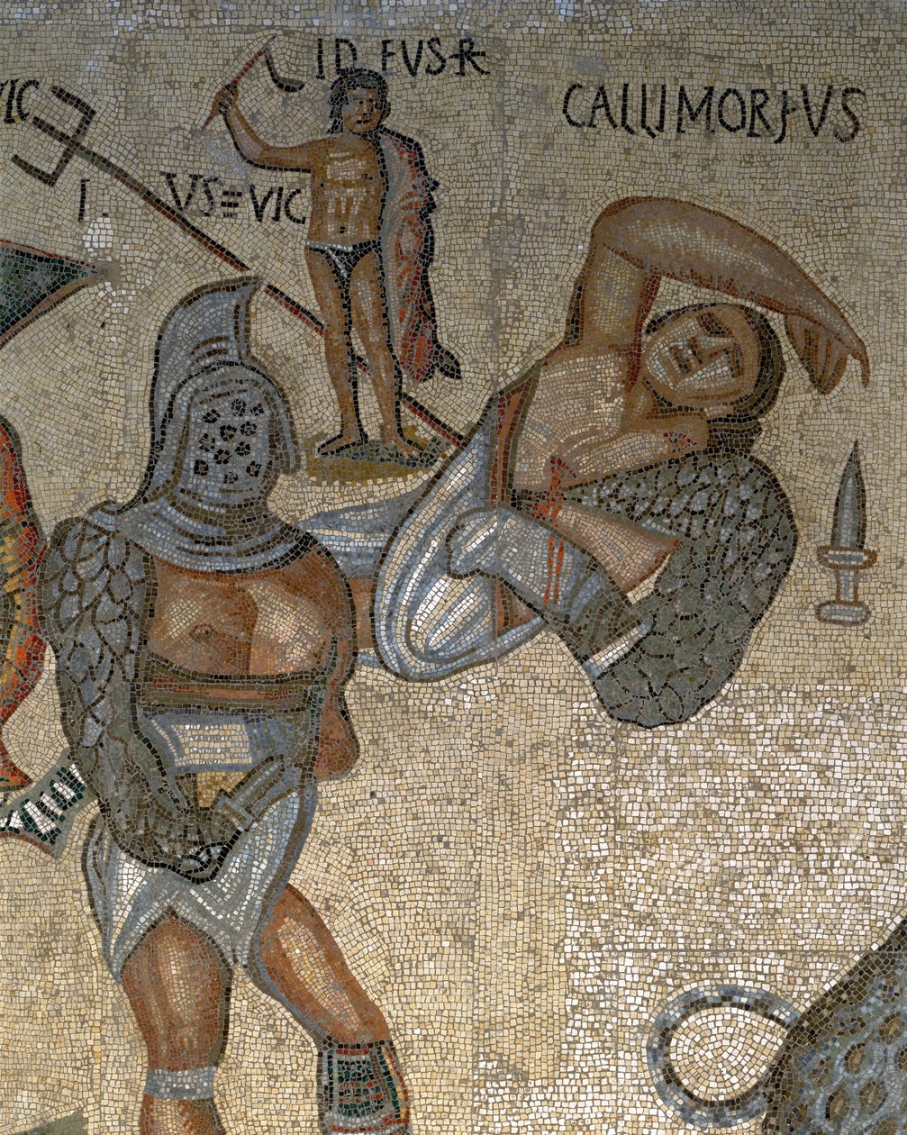 Mozaika s výjevem bojujících gladiátorů, detail gladiátora oděného do brnění od Roman Roman