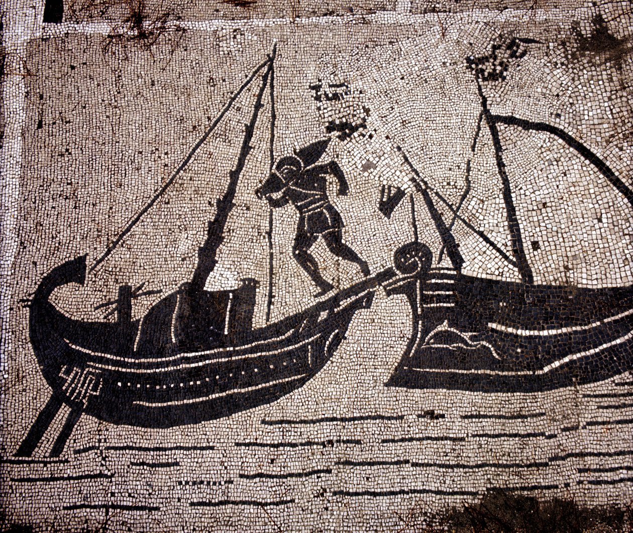 Ostia (Ostia) Starověká, mozaika z Place des Corporations. Nakládání člunu. od Roman Roman