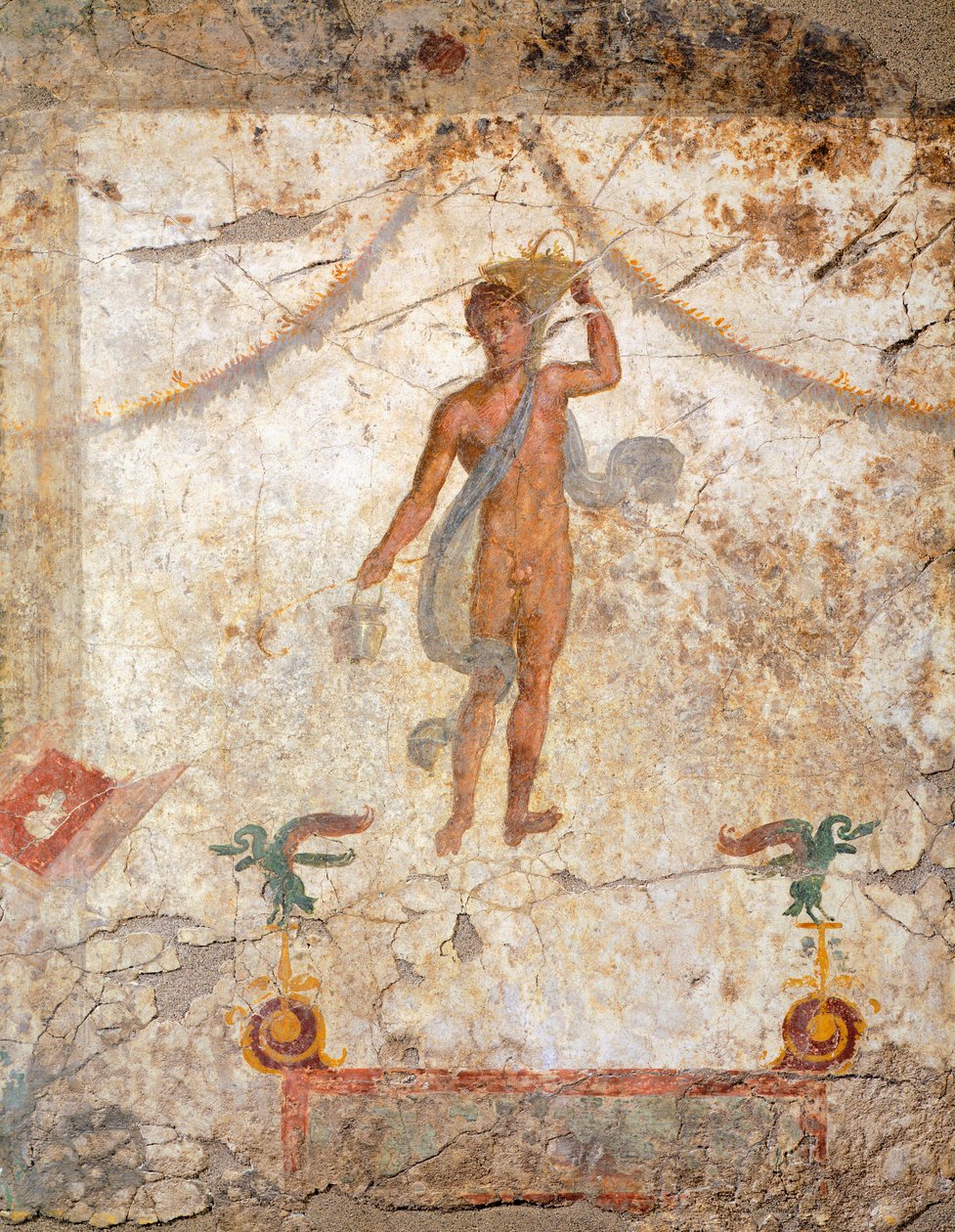 Obraz ve čtvrtém pompejském stylu zobrazující génia s košem a situlou od Roman Roman