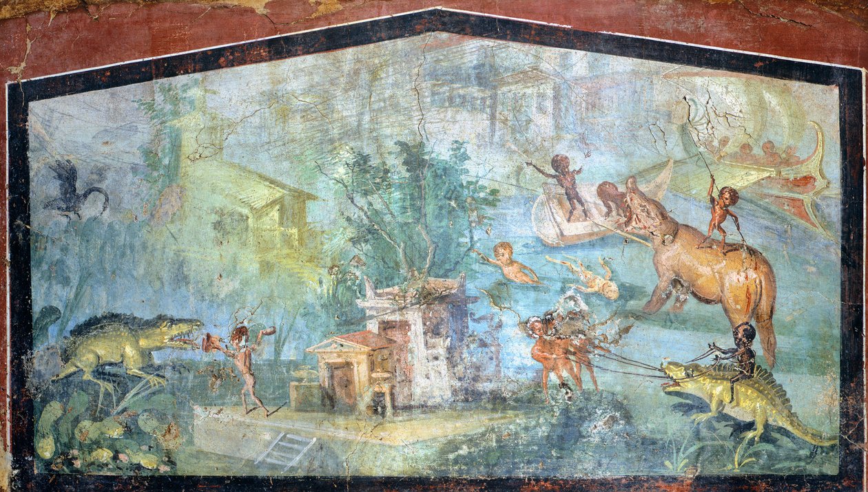 Malba na sádře zobrazující nilotskou scénu s pygmeji útočícími na krokodýly a hrochy, 75x127 cm, z Pompejí (Seznam světového dědictví UNESCO od Roman Roman