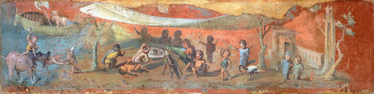 Malba na sádře zobrazující scénu podél Nilu s pygmeji, 56x217 cm, z Pompejí (Seznam světového dědictví UNESCO od Roman Roman