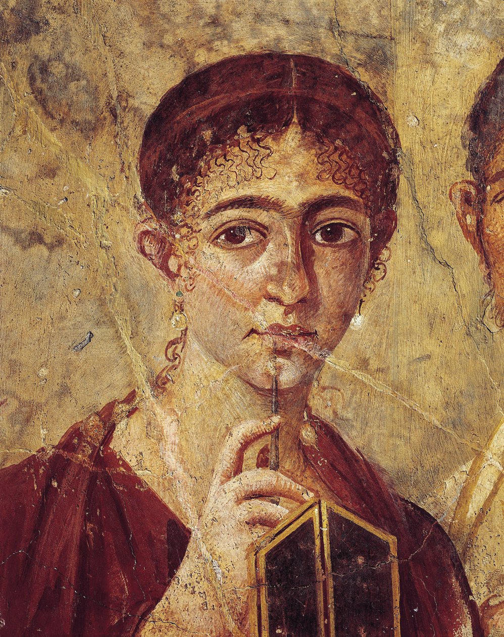 Portrét pekaře Terentia Nea a jeho manželky ve společenských šatech, detail manželky s otevřeným stylusem a diptychem z Itálie, Kampánie, Pompeje, 55-79 n. l., malba na sádře od Roman Roman