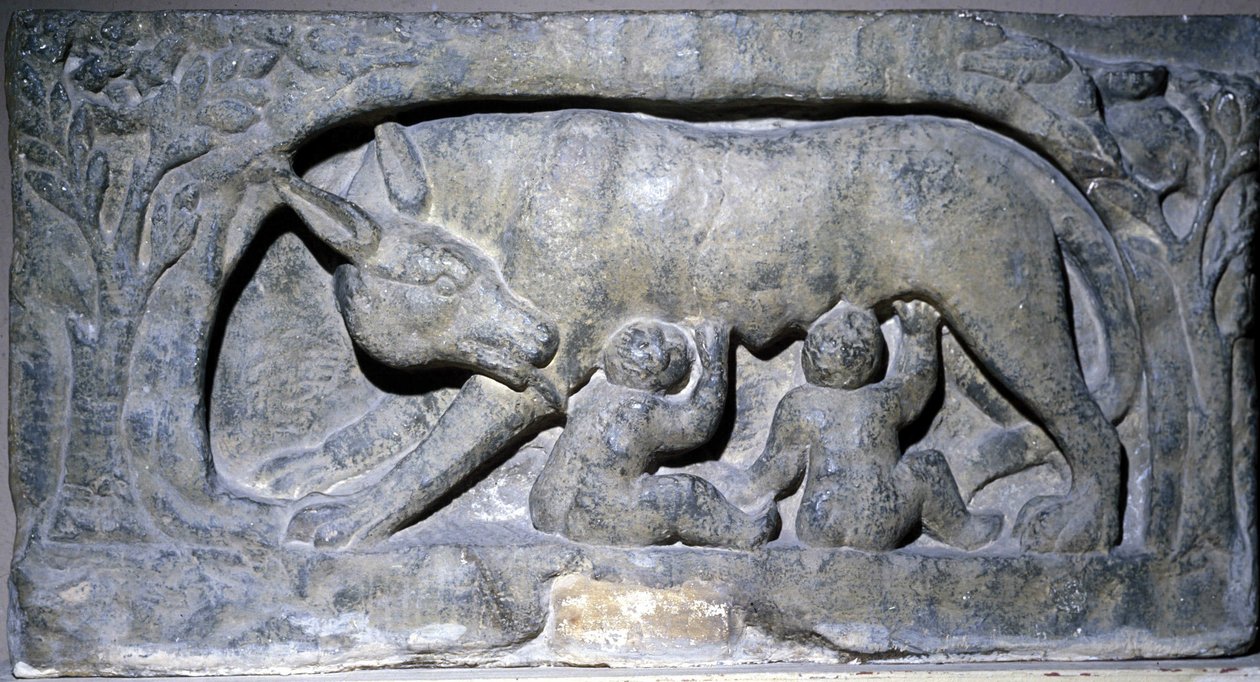 Reliéf ve vápenci Lupercal (název jeskyně v Římě): vlk s Romulem a Remem, Muzeum Avenches. od Roman Roman