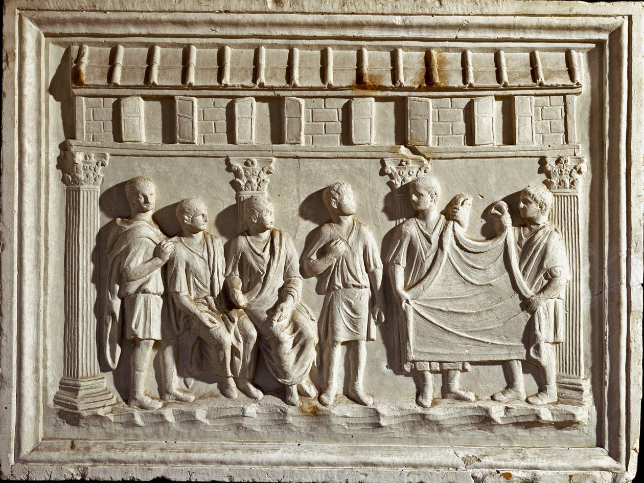 Římské umění: nízký reliéf představující látku a gobelíny. Z originálu z 2. století našeho letopočtu. Římské Museo della Civilta Romana od Roman Roman