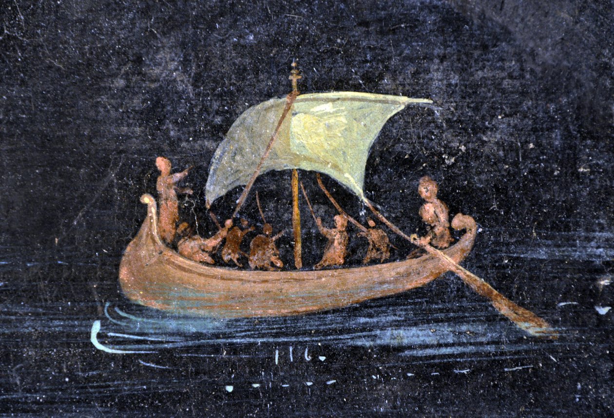 Římské umění: říční scéna - loď a námořníci na řece (řece) - fragment fresky Pompeje zachovaný v Archeologickém muzeu v Neapoli, Itálie - Museo Archeologico Nazionale, Napoli, Itálie - Foto Patrice Cartier - od Roman Roman