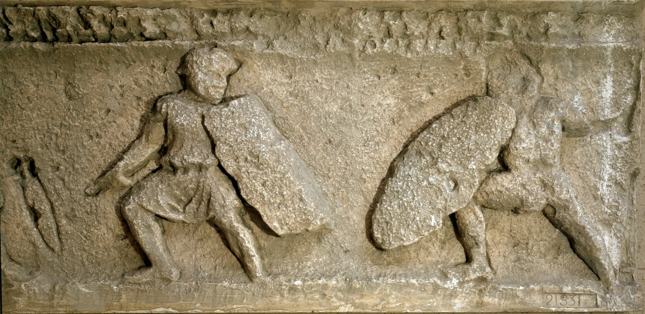 Římské umění: scéna bitvy mezi Římany a Galy. Reprodukce vlysu Orange Arch. Řím, Museo della Civilta Romana od Roman Roman