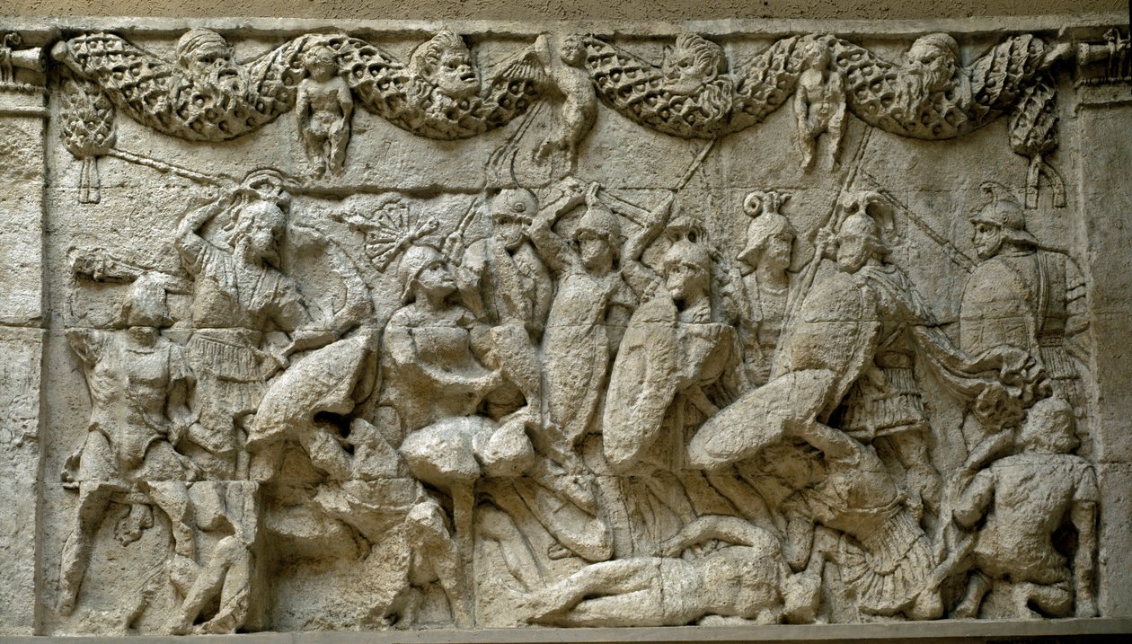 Římské umění: scéna bitvy mezi Římany a Galy. Reprodukce nízkého reliéfu z mauzolea Glanum, pohřebního monumentu vybudovaného v letech 30 až 20 př. n. l. na poctu Juliově rodině. Řím, Museo della Civilta Romana od Roman Roman