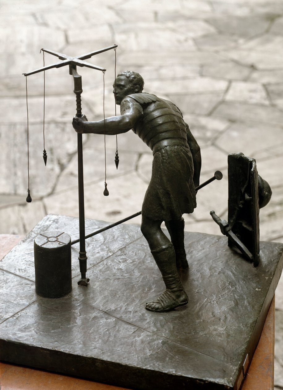 Římské umění: „“gromatik““ Zeměměřič (agrimeners) měří půdu pomocí groma (gruma). Bronzová socha. Řím, Muzeum římské civilizace od Roman Roman