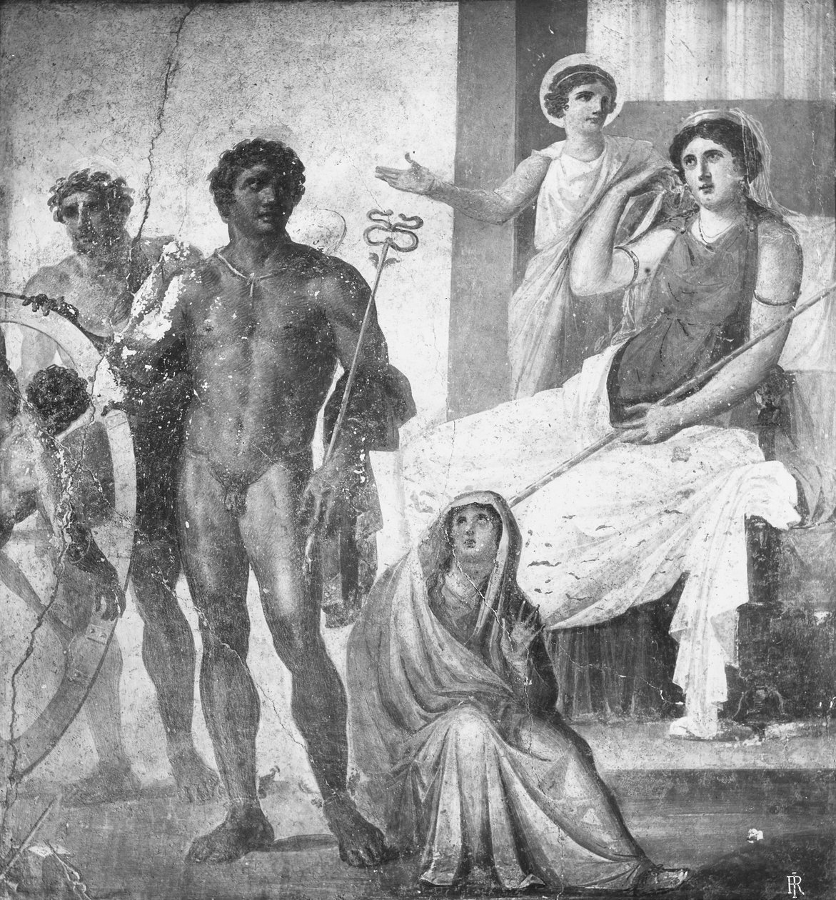 Scéna mučení v Ixionu, detail z Casa dei Vettii (Dům Vettii) kolem 63-79 nl (freska) (černobílá fotografie) od Roman Roman