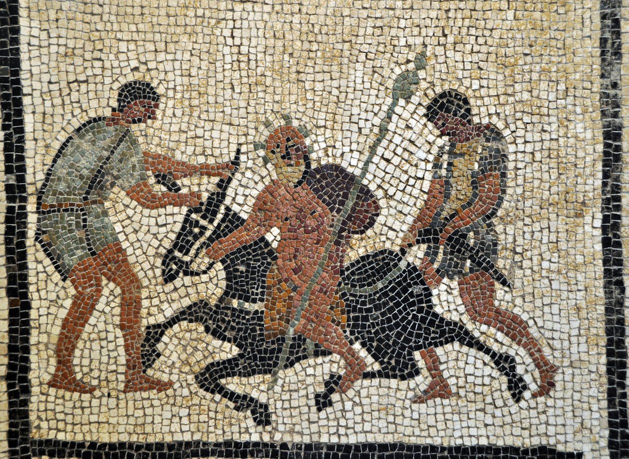 Sileno ebbro: Opilá Silena jede na oslu, kterého drží dva sluhové. Mozaika z Pompejí, dům Paquia Procula nebo C. Cuspia Pansa - Archeologické muzeum v Neapoli, Itálie - Museo Archeologico Nazionale, Neapol, Itálie - Foto Patrice Cartier - od Roman Roman