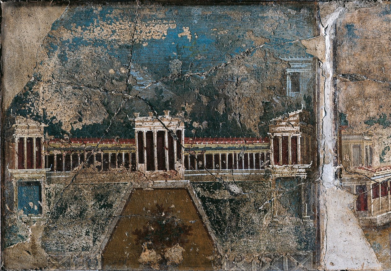 Kolmannen tyylin fresko, joka kuvaa arkkitehtonista maisemaa, yksityiskohta rakennuksesta, jota reunustelee pylväikuuri, Pompejista od Roman Roman