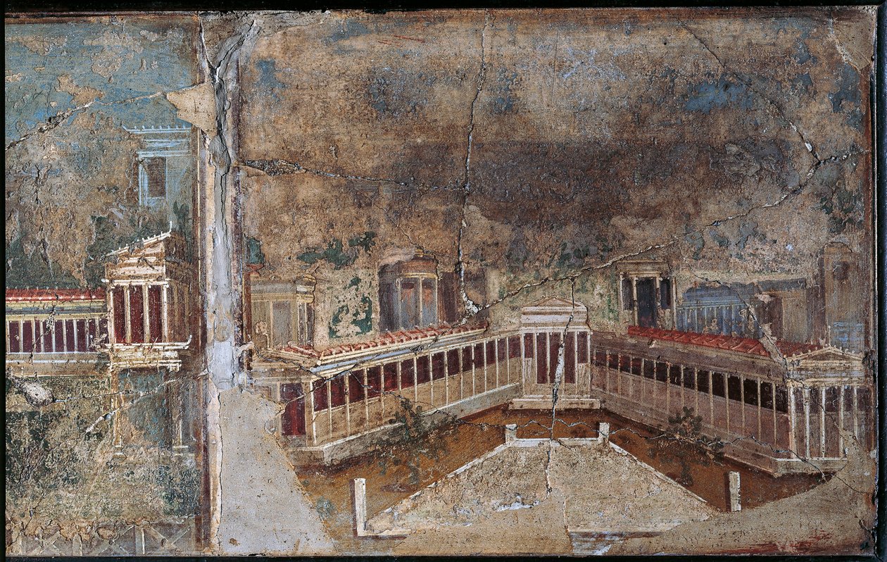 Kolmannen tyylin fresko, joka kuvaa arkkitehtonista maisemaa, pylväskuistin yksityiskohta, Pompejista od Roman Roman