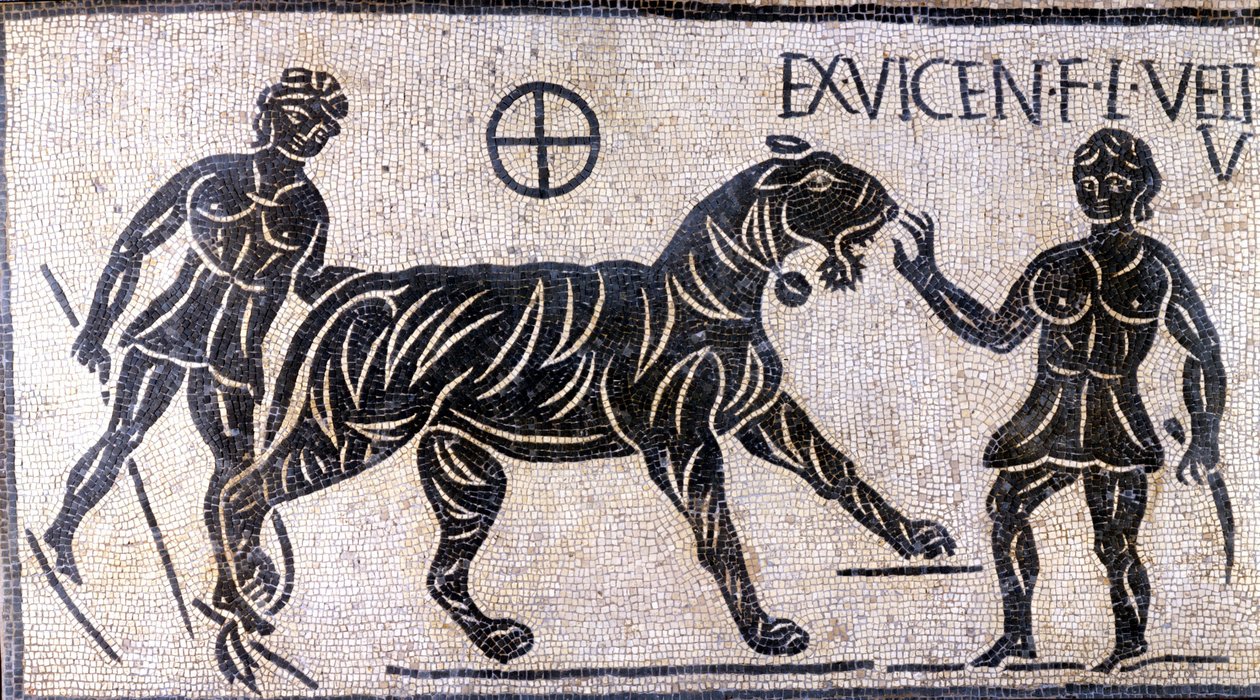 Krotitelé tygrů ve zdech Kolosea - Římská mozaika od Roman Roman