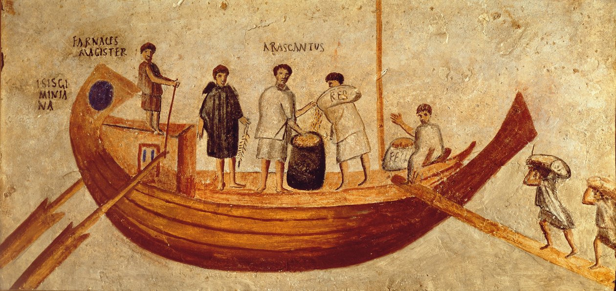 Vykládání obilí z lodi, Isis Giminiana, z Ostie, 2.-3. století (freska) od Roman Roman