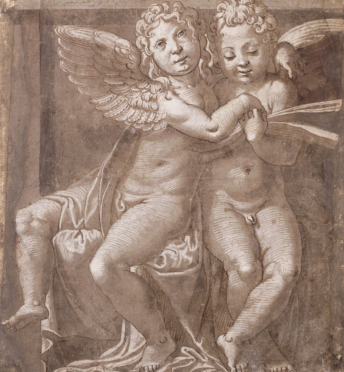 Dva sedící andělé zpívající, podle Polidoro da Caravaggio (pero a hnědý inkoust hnědá barva s bílou na šedomodrém papíře) od Roman School