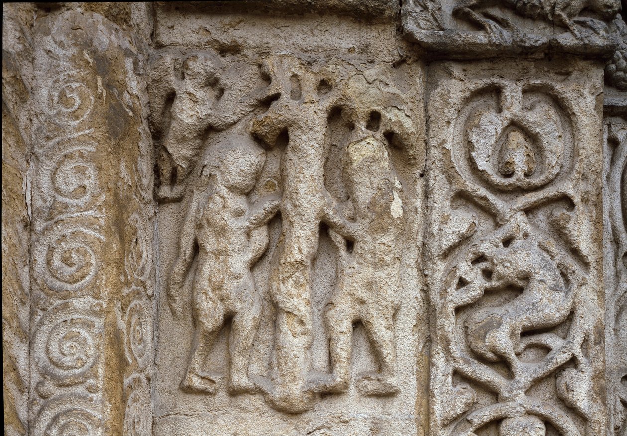 Adam a Eva. Detail fasády bazilikánu, počátkem 12. století (reliéf) od Romanesque