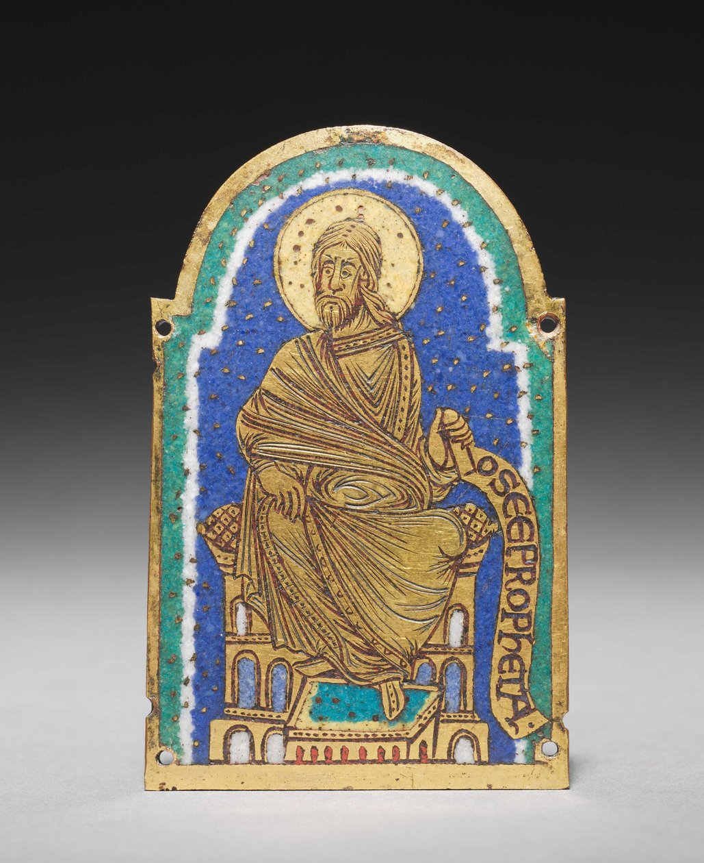 Plaketa: Sedící prorok z relikviářní svatyně: Osea (Hosea), kolem 1170-1180 (zlacená měď, champlevé smalt) od Romanesque