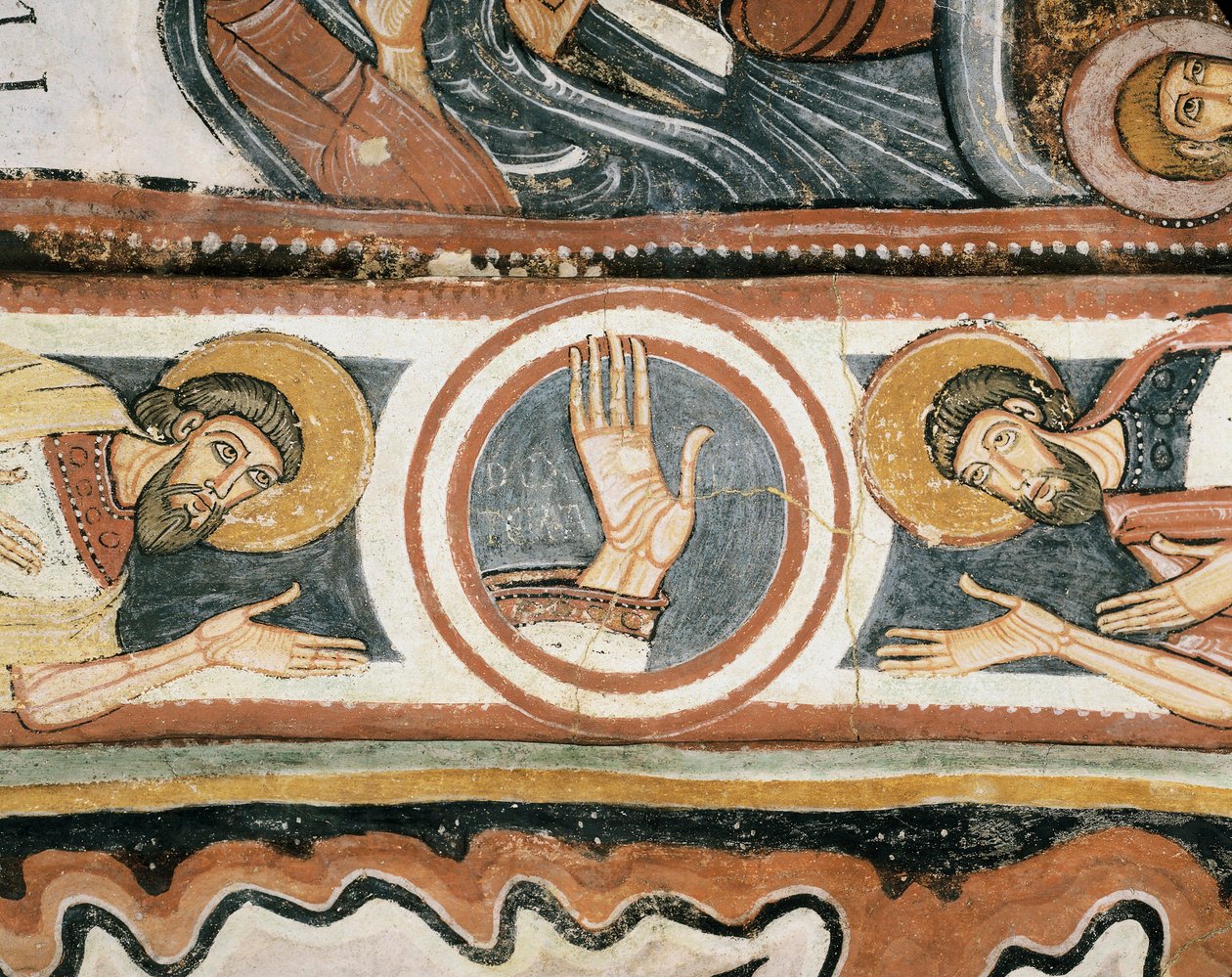 Románské umění: "" Pravá ruka Boží a patriarchové Eliáš a Henoch (nebo Enoch). Detail. Freska školy Leon (Španělsko). 1132. Svatyně Panny Marie Panny del Camin od Romanesque
