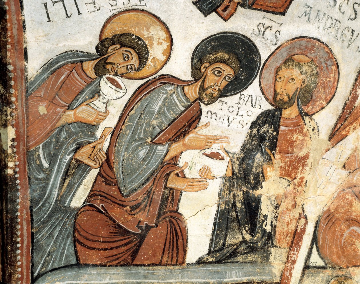 Románské umění: "" apoštolové Filip, Barthelemy a Andre "" Freska Hlasování Cene, kostel sv. Isidora 12. století Skutečná Colegiata ze San Isidoro, Leon od Romanesque