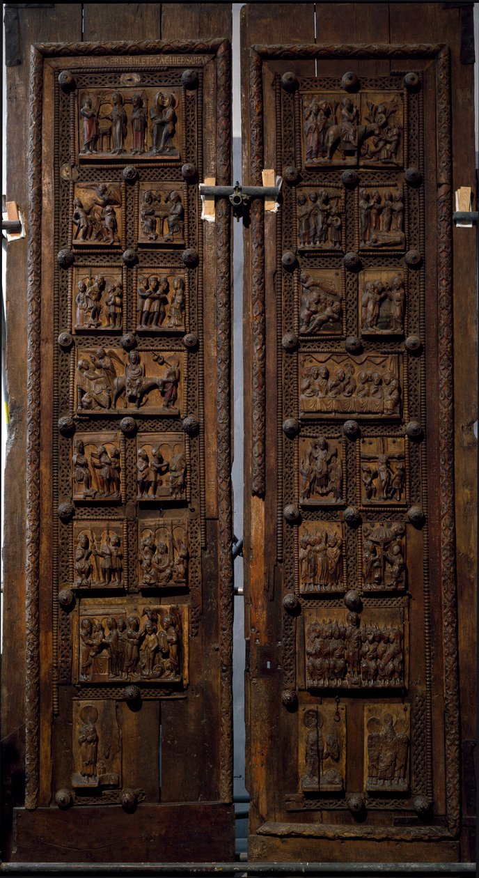 Románské umění: dřevěné dveře z poloviny 12. století kostela sv. Marie Kapitolské v Kolíně nad Rýnem, Německo (Sankt Maria im Kapitol, Kolín) od Romanesque