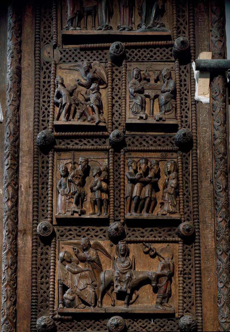 Románské umění: dřevěné dveře z poloviny 12. století kostela sv. Marie Kapitolské v Kolíně nad Rýnem, Německo (Sankt Maria im Kapitol, Kolín). Scény znázorňující zvěstování pastýřům, narození Páně, klanění mágů a pod. od Romanesque