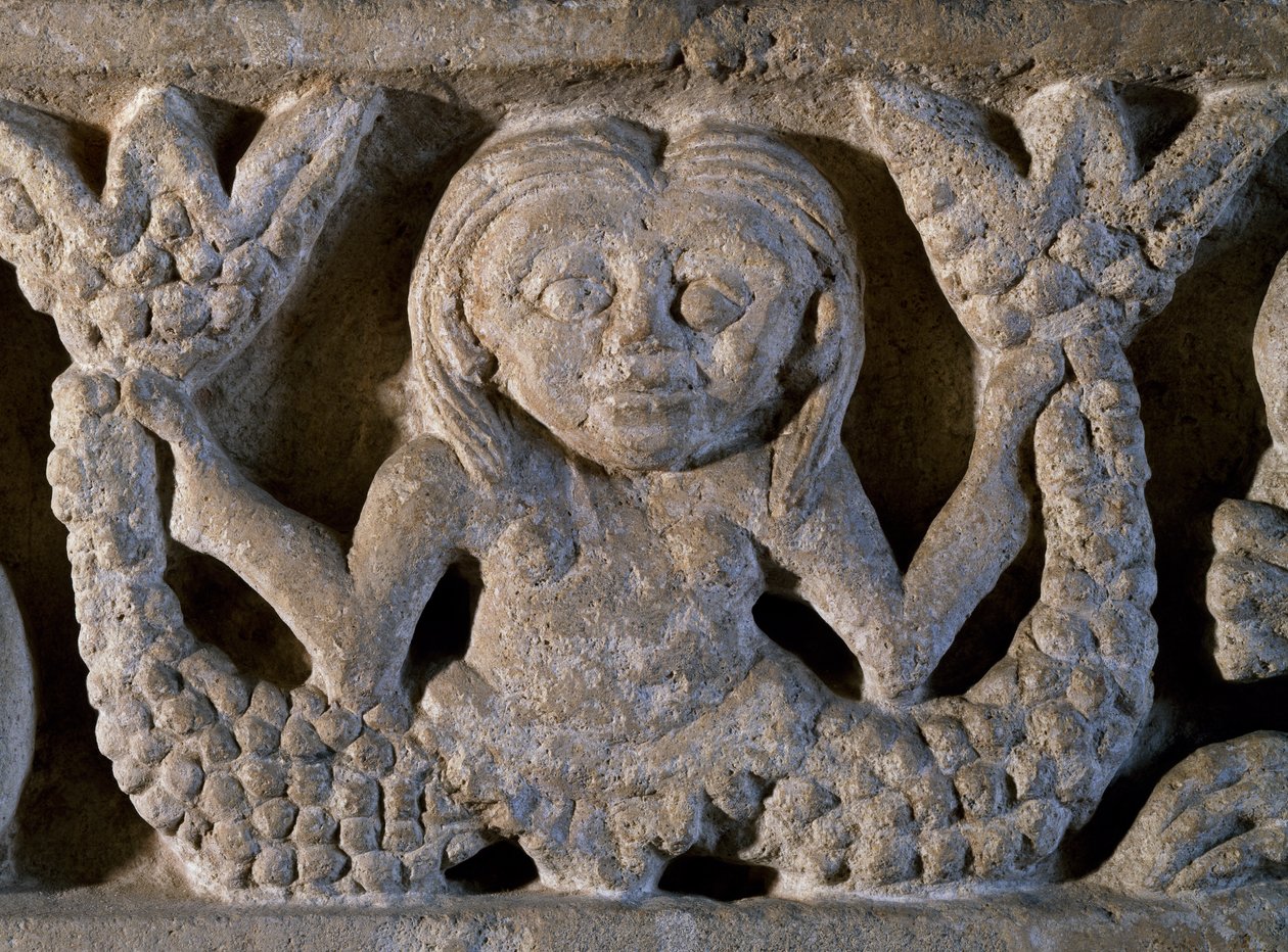 Dvouocasá mořská panna, detail z románského vlysu, Itálie od Romanesque