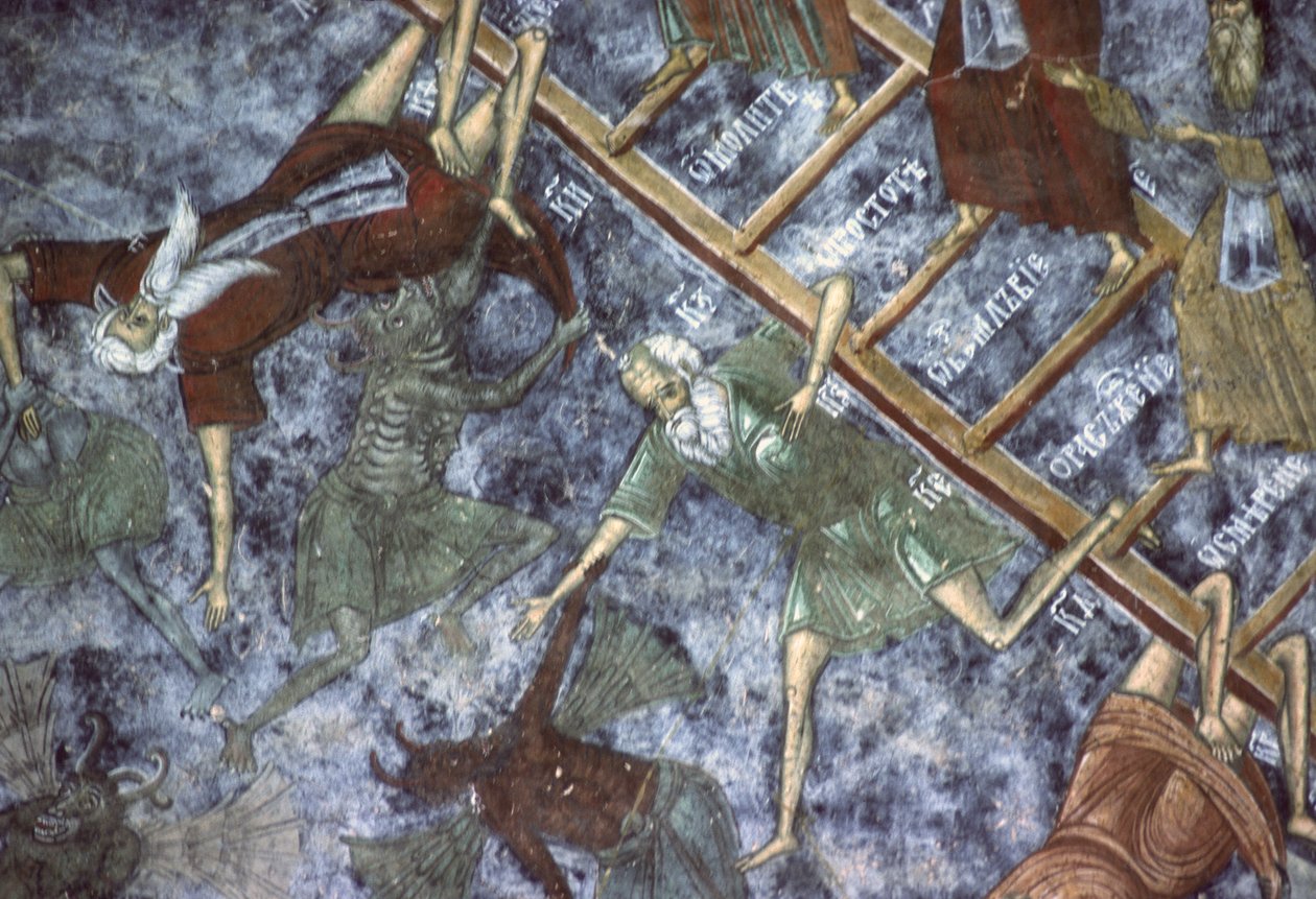 Hříšníci taženi démony, detail obrazu Žebřík nebeský, severní stěna kostela, kolem roku 1601 od Romanian School