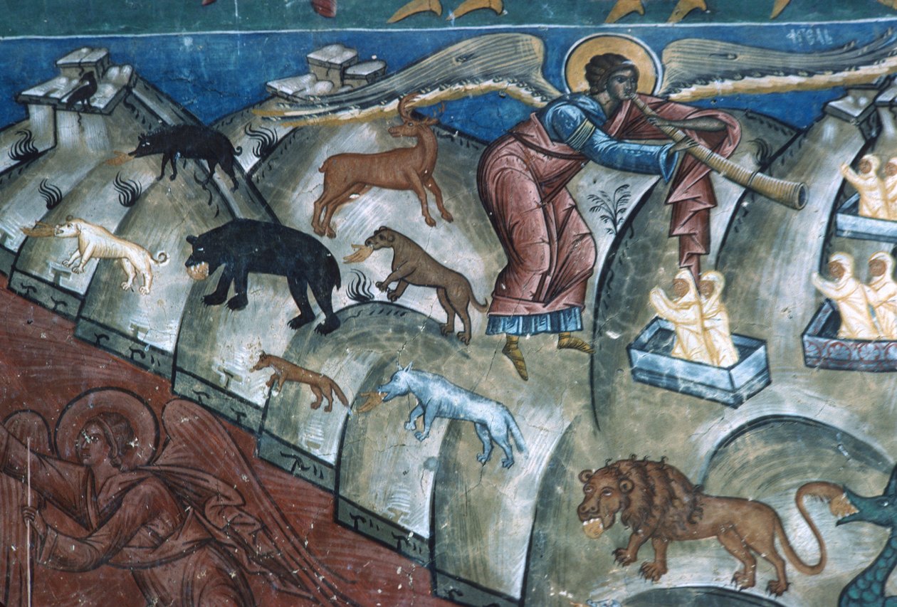 Degoržování zvířat, detail z Posledního soudu, 1547-50 od Romanian School