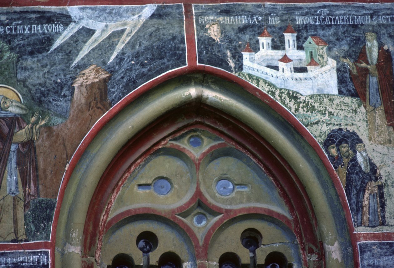 Gotické okno a život sv Pachomia, ze severní stěny kostela, kolem 1601 od Romanian School