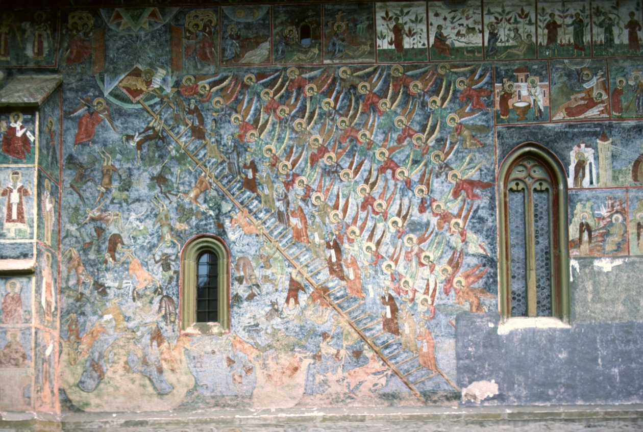 Žebřík nebeský, malba na severním průčelí kostela, kolem roku 1601 od Romanian School