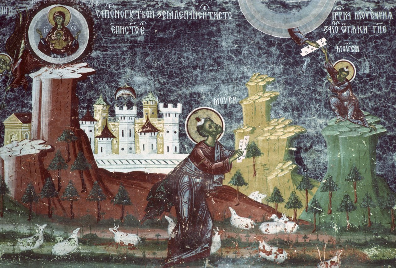 Mojžíš na hoře, jižní stěna kostela, c.1601 od Romanian School