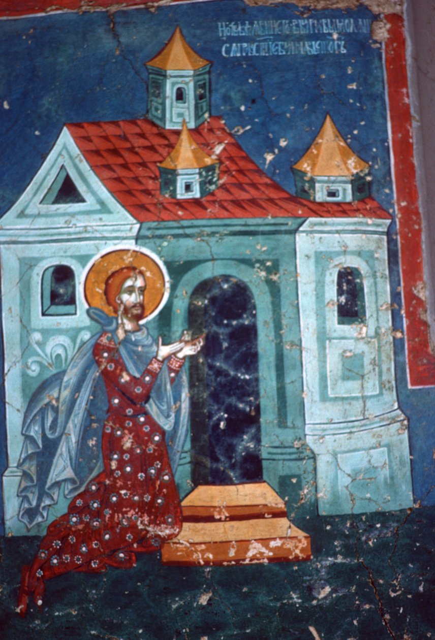 Sv. Nicetas se modlí před kostelem od Romanian School