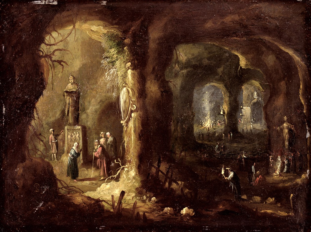 Grotta se sochami a četnými postavami uctívajícími modly (sv. Simeon Stylites), kolem roku 1640 (olej na mědi) od Rombout van Troyen