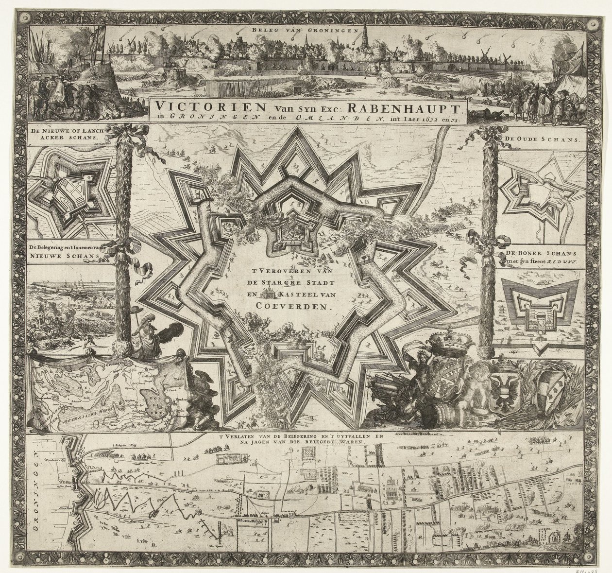 Rabenhauptova vítězství v Groningenu v letech 1672-1673 Victorien van syn výr. Rabenhaupt, v Groningen a Omlanden, int iaer 1672 a 73 (titul na předmětu) od Romeyn de Hooghe (attributed to)