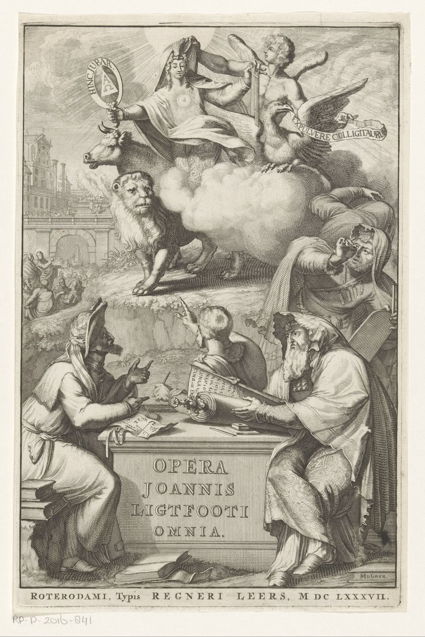 Alegorická postava s židovským mužem Titulní strana pro: John Lightfoot, Opera Joannis Ligtfooti omnia, 1686 od Romeyn de Hooghe