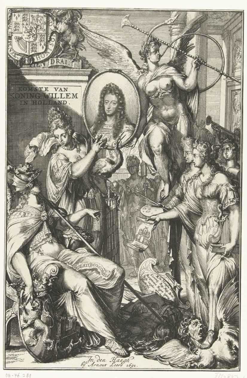 Alegorický frontispis s portrétem Viléma III Příjezd krále Viléma do Holandska (titul na předmětu) od Romeyn de Hooghe