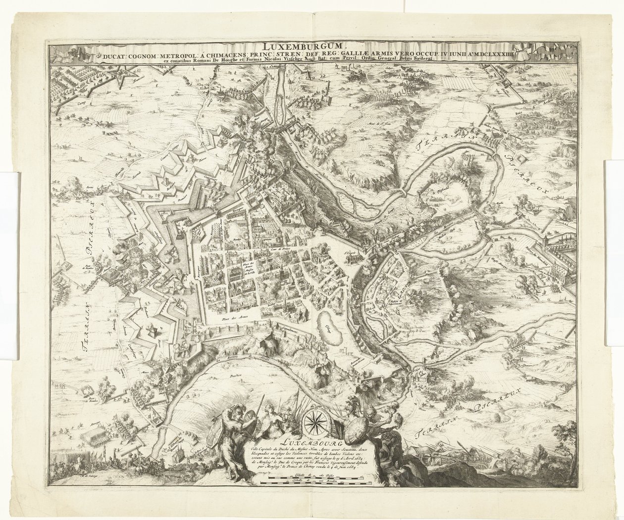 Bombardování van Luxemburg door de maarschalk de Créquy, 1684 Lucembursko, olovo. příjmení metropole chimacens princ stren def. reg. Ale paže Galie ho obsadily. 4. června Ao. 8834 (název na objektu) od Romeyn de Hooghe